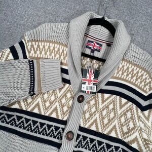 Soul of London Cardigan Sweater Men Medium Fair Isle Shawl Collar Wool Blend NEW